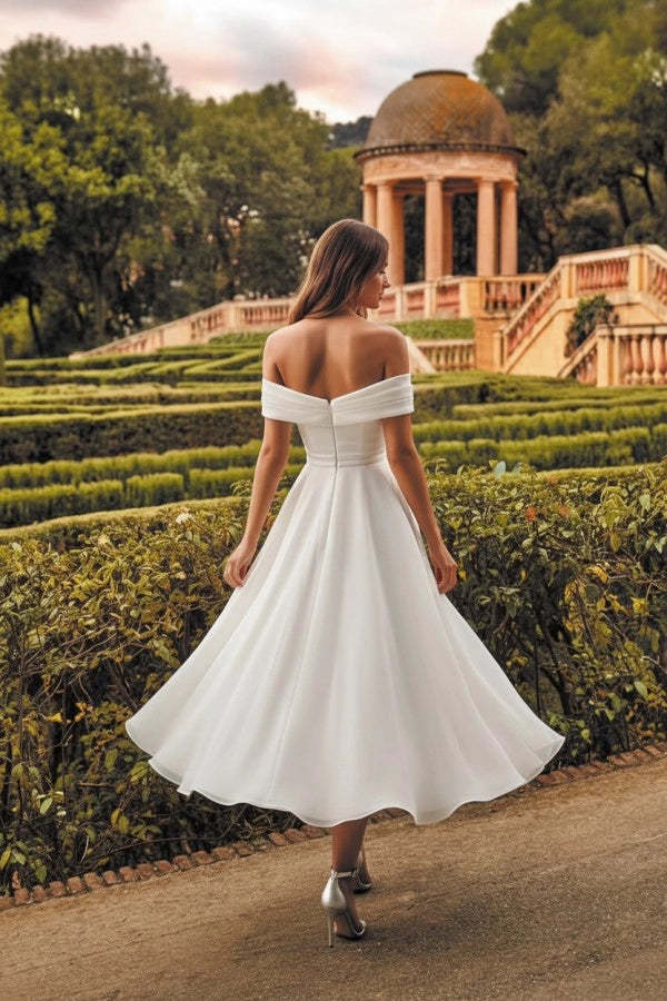 Off-the-Shoulder Tea Length Aline Wedding Dress Tulle Vintage Bridal Dress
