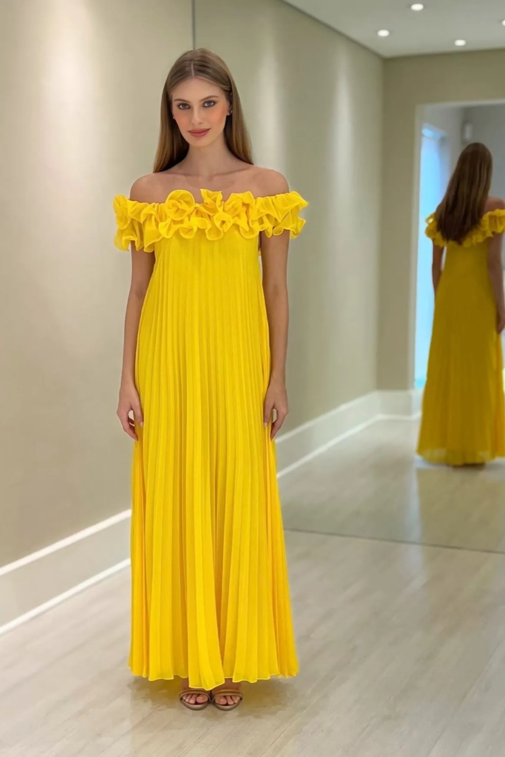 Off-the-Shoulder Yellow Flowers Ruffle Chiffon Mother of the Bride Dress