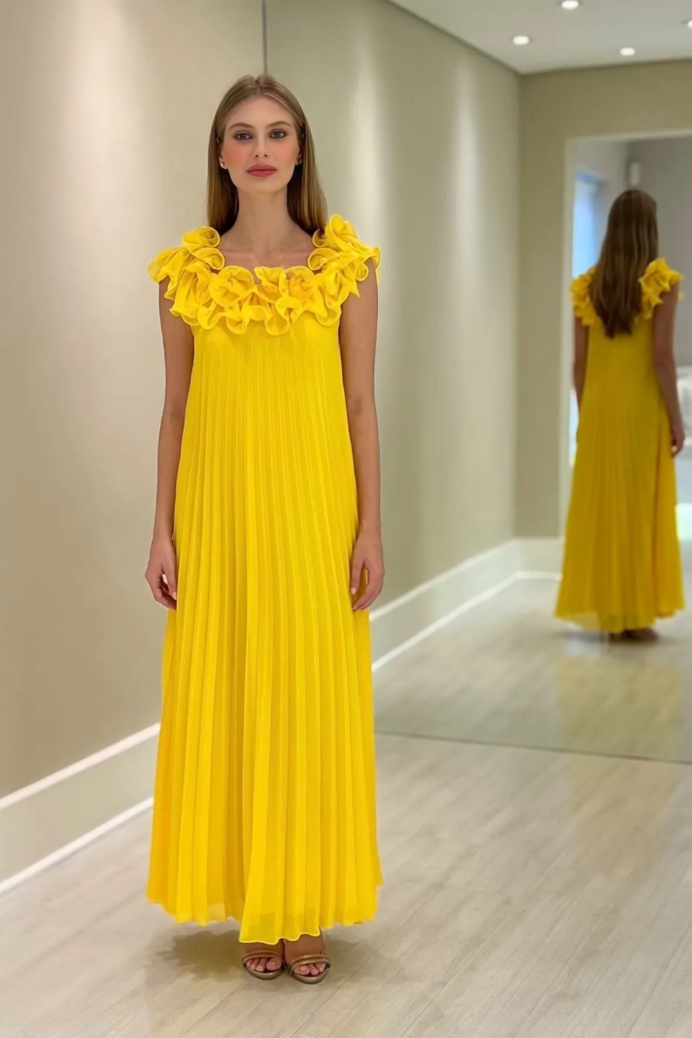 Off-the-Shoulder Yellow Flowers Ruffle Chiffon Mother of the Bride Dress
