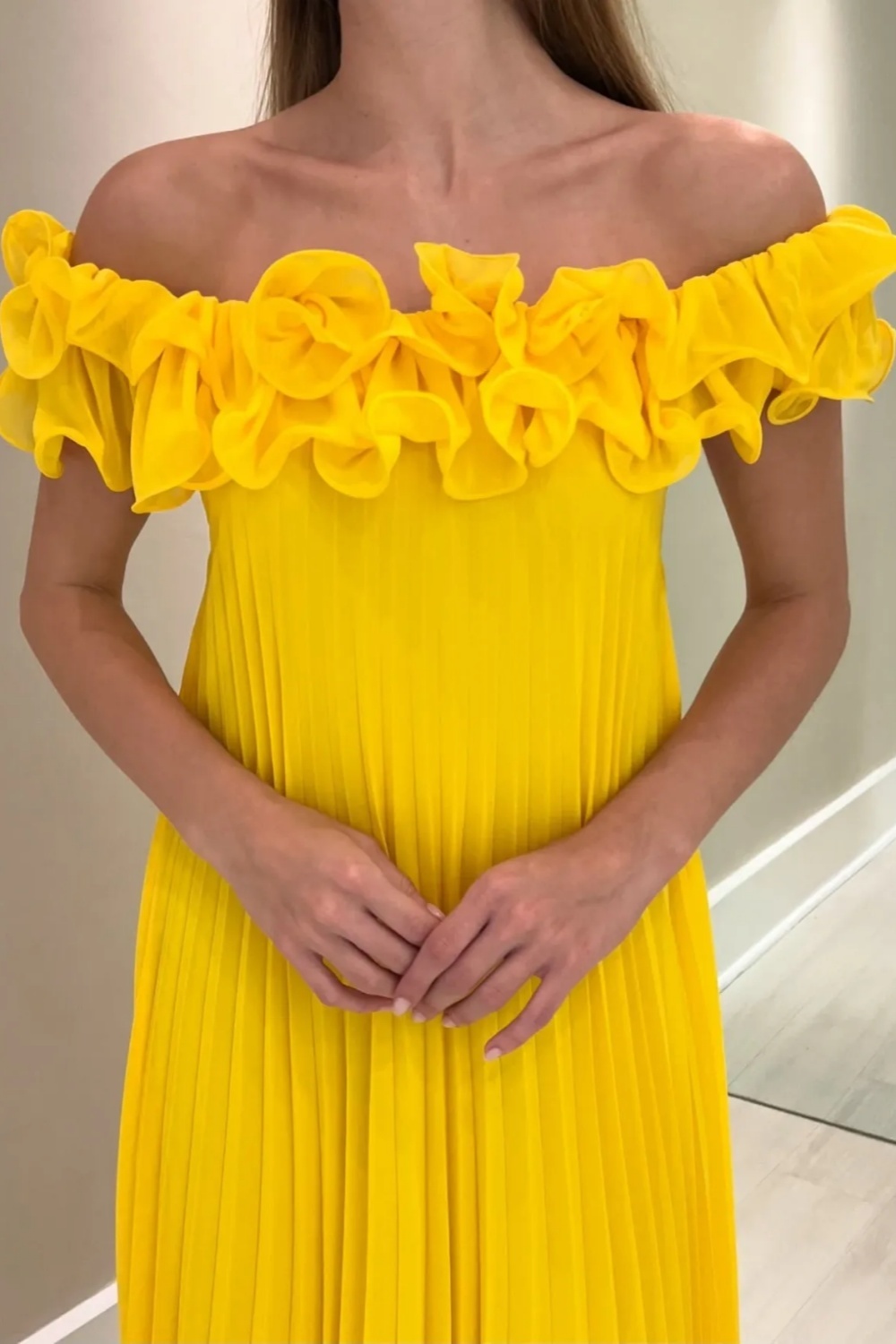 Off-the-Shoulder Yellow Flowers Ruffle Chiffon Mother of the Bride Dress