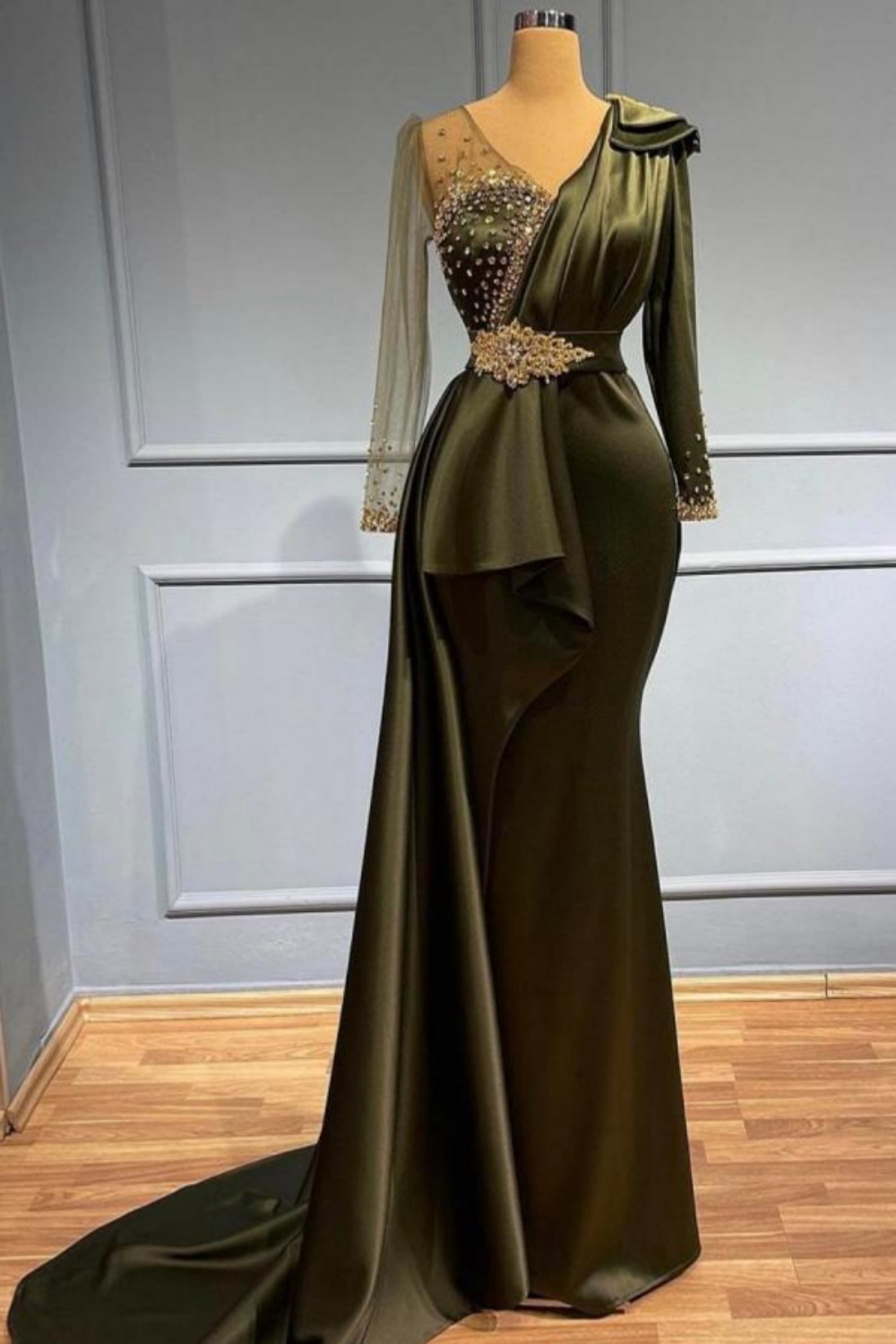 Olive Green Long Glitter Evening Dresses with Sleeves