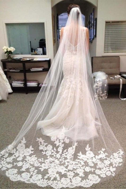 Elegant One-Layer Lace Appliqué Long Wedding Veil