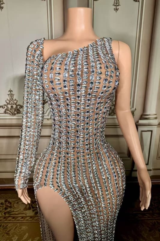One Shoulder Crystals Floor Length Sheath Prom Dress with Long Sleeves