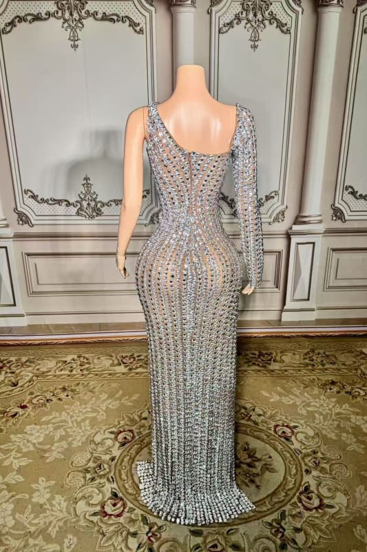 One Shoulder Crystals Floor Length Sheath Prom Dress with Long Sleeves