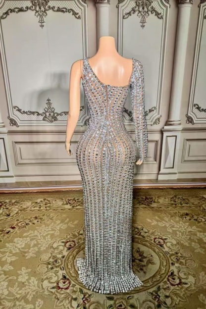 One Shoulder Crystals Floor Length Sheath Prom Dress with Long Sleeves