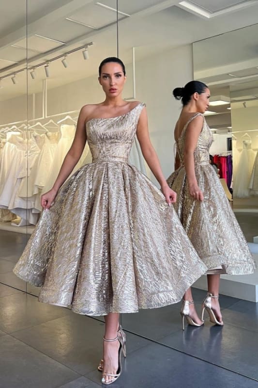One Shoulder Glitter Gold Tea Length Evening Dress Sequins Wedding Guest Dress - Prom Dresses