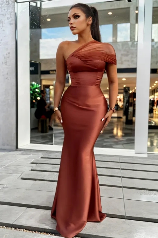 One-Shoulder Trumpet/Mermaid Ruched Satin Tulle Bridesmaid Dresses