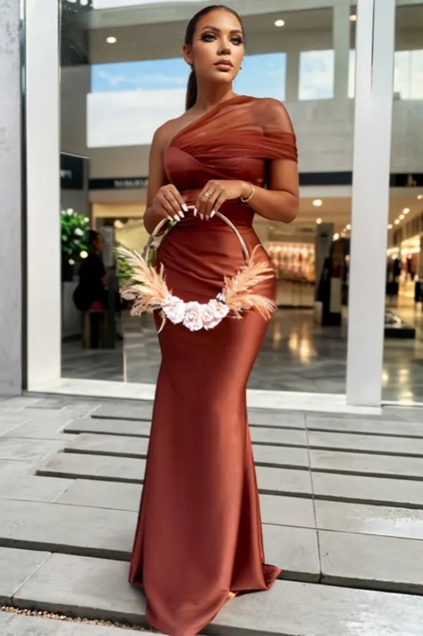 One-Shoulder Trumpet/Mermaid Ruched Satin Tulle Bridesmaid Dresses