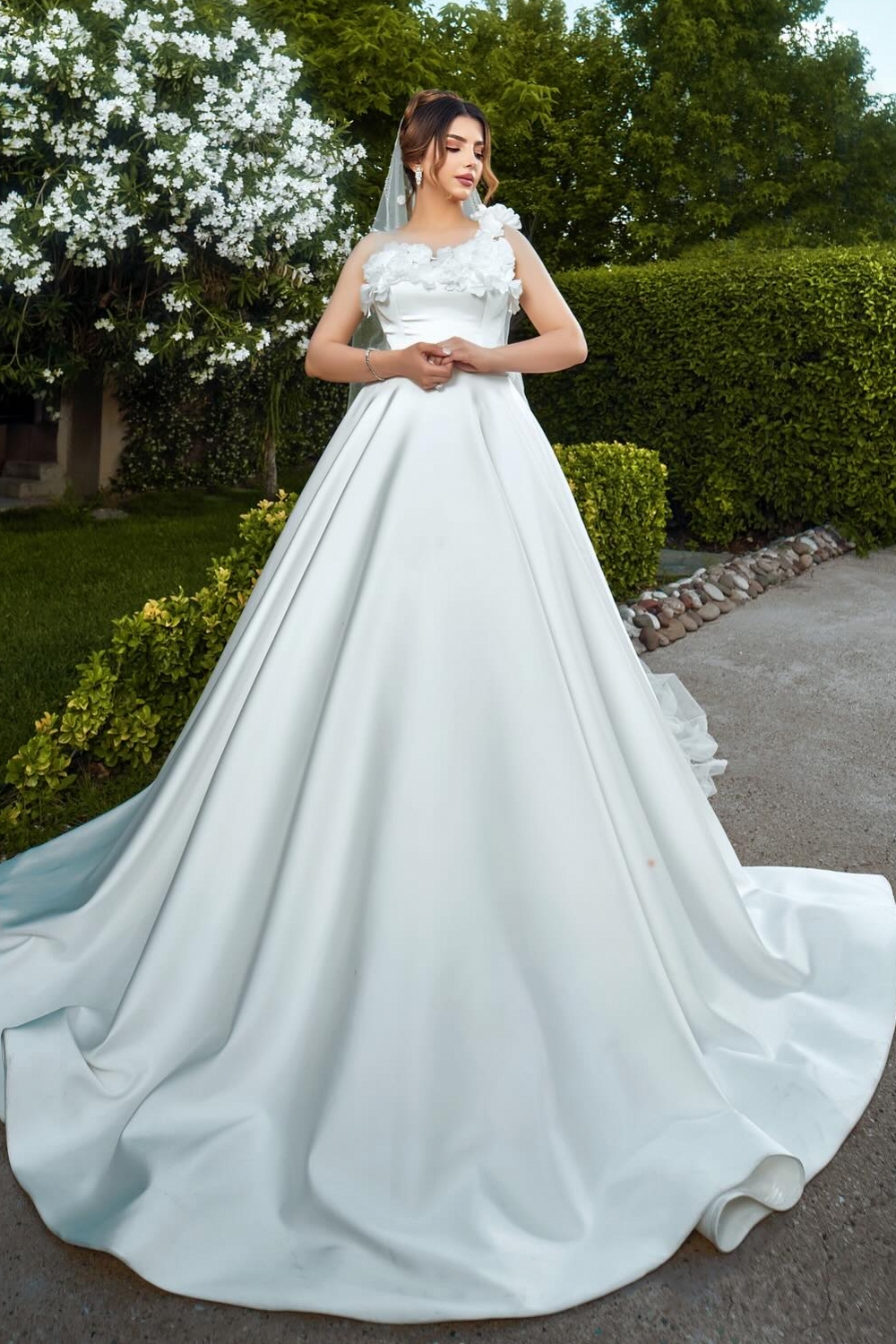 One Shoulder Satin Bridal Gowns 3D Flowers Aline Wedding Dresses 