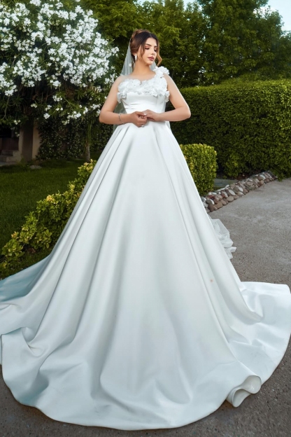 One Shoulder Satin Bridal Gowns 3D Flowers Aline Wedding Dresses 
