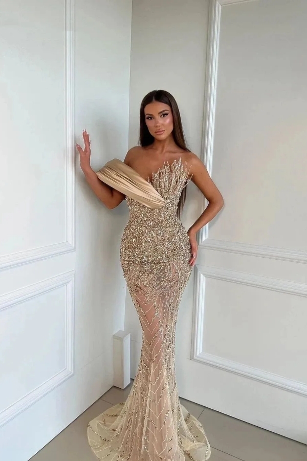 One Shoulder Sequins Mermaid Prom Dress Glitter Beadings Long Evening Gown