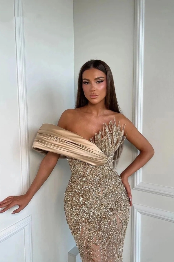 One Shoulder Sequins Mermaid Prom Dress Glitter Beadings Long Evening Gown