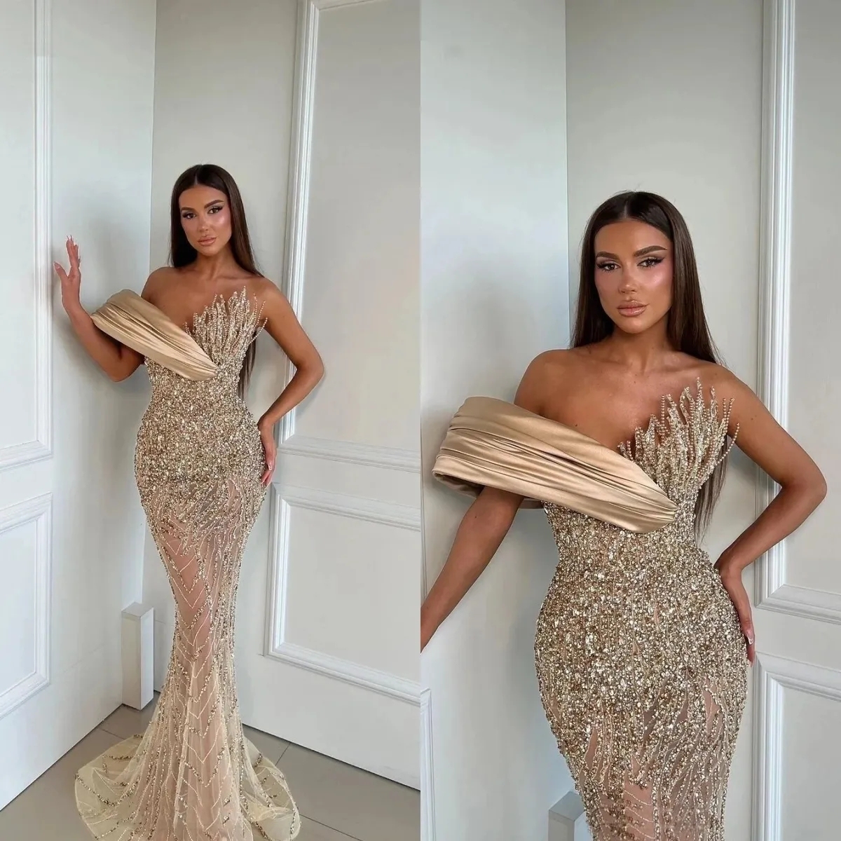 One Shoulder Sequins Mermaid Prom Dress Glitter Beadings Long Evening Gown