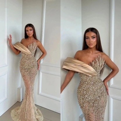 One Shoulder Sequins Mermaid Prom Dress Glitter Beadings Long Evening Gown