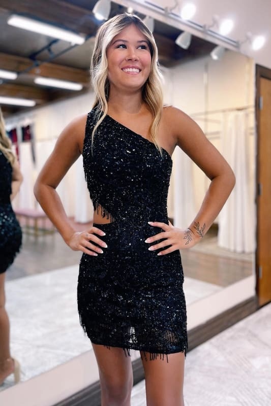 Sparkly Orange One Shoulder Sequins Cut Out Short Homecoming Dress with Fringes