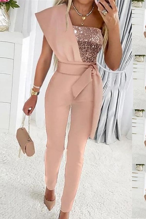 One Shoulder Sequins Jumpsuit Pink Party Wear Jumpsuits 
