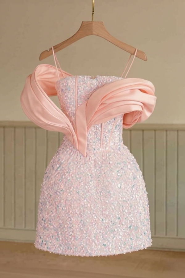 Glitter Sequins Pink Mini Homecoming Dress Spaghetti Straps with Bow