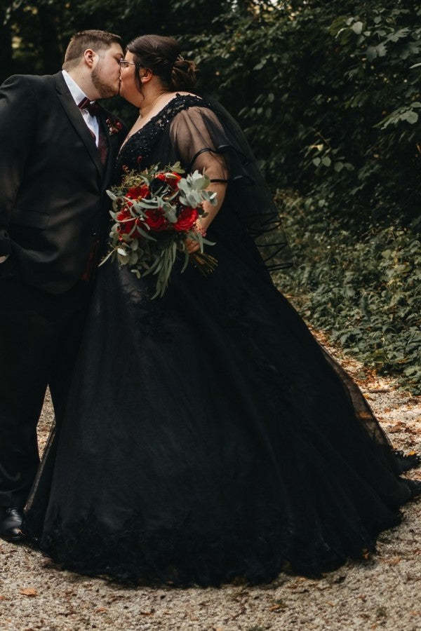 Black V-Neck A-Line Tulle Plus Size Wedding Dresses