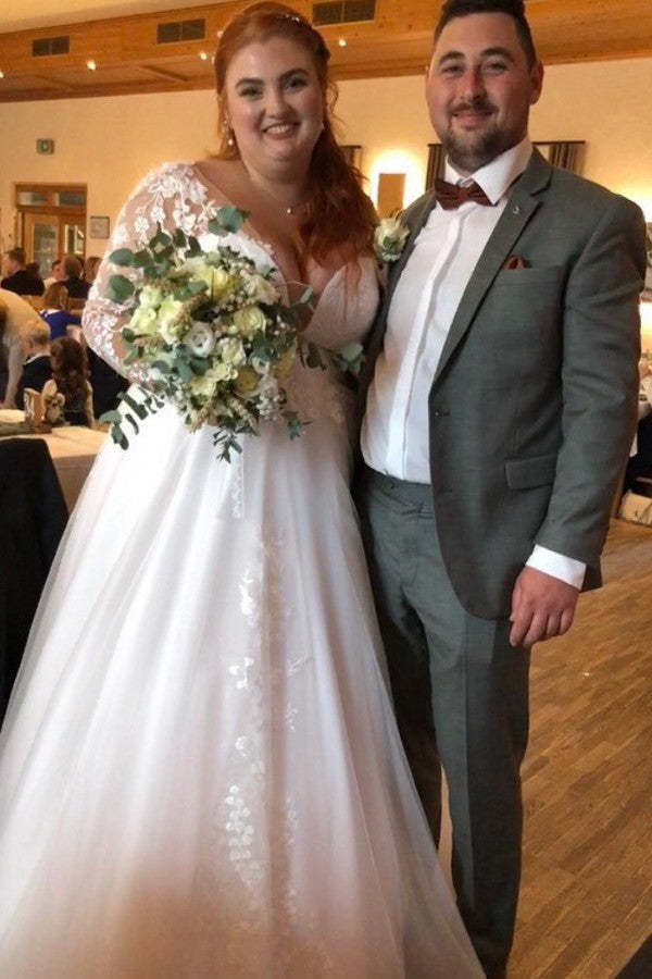 V-neck A-Line Long Sleeves Plus Size Wedding Dresses