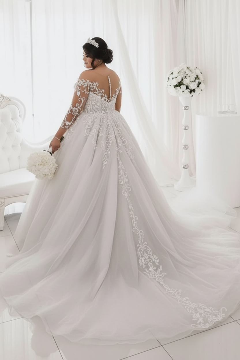 Plus Size Long Sleeve Bridal Gowns Sheer Tulle Appliques Ball Gown Wedding Dresses 