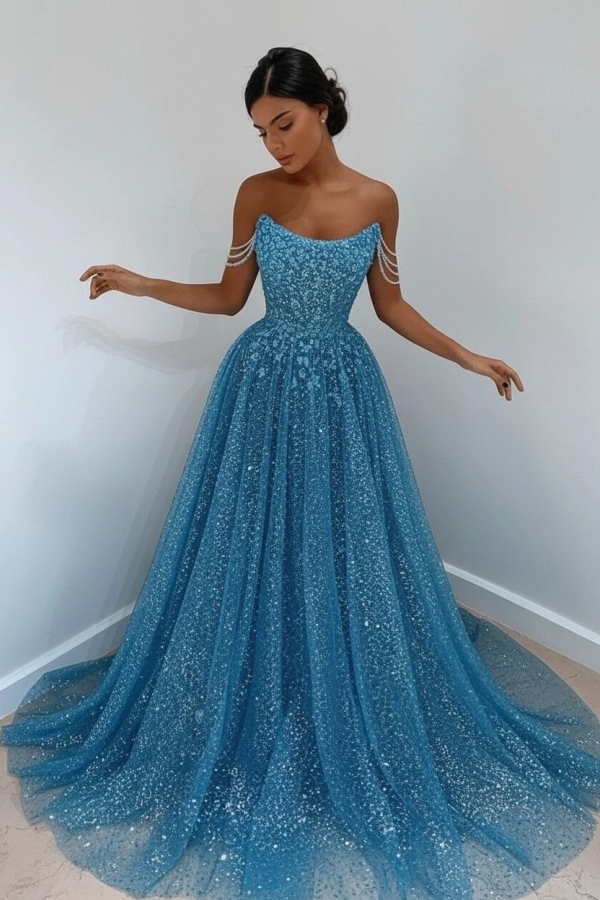 Sparkly Sleeveless A-Line Evening Party Dress Sky Blue Sequined Prom Gown