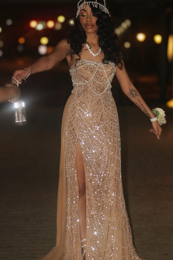 Luxury Strapless Beadings Side Split Evening Dress with Pearls