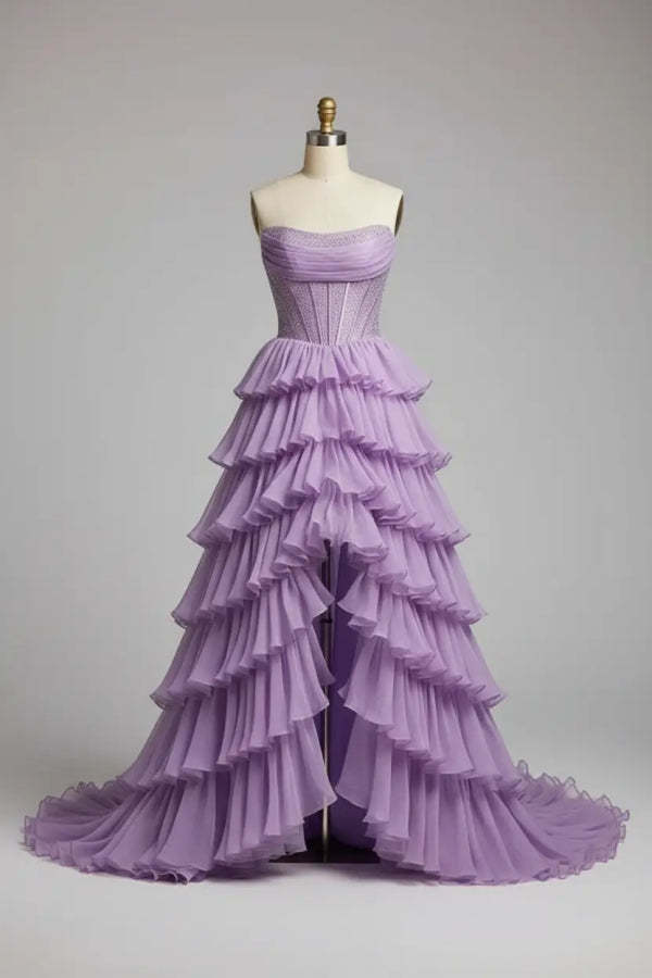 Purple Strapless Chiffon Ruffles Long A-Line Prom Dress