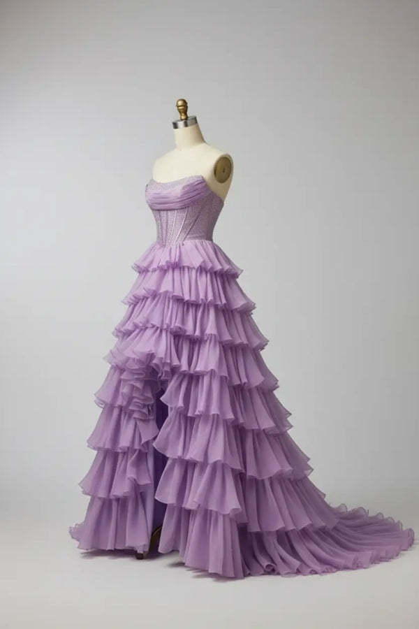 Purple Strapless Chiffon Ruffles Long A-Line Prom Dress