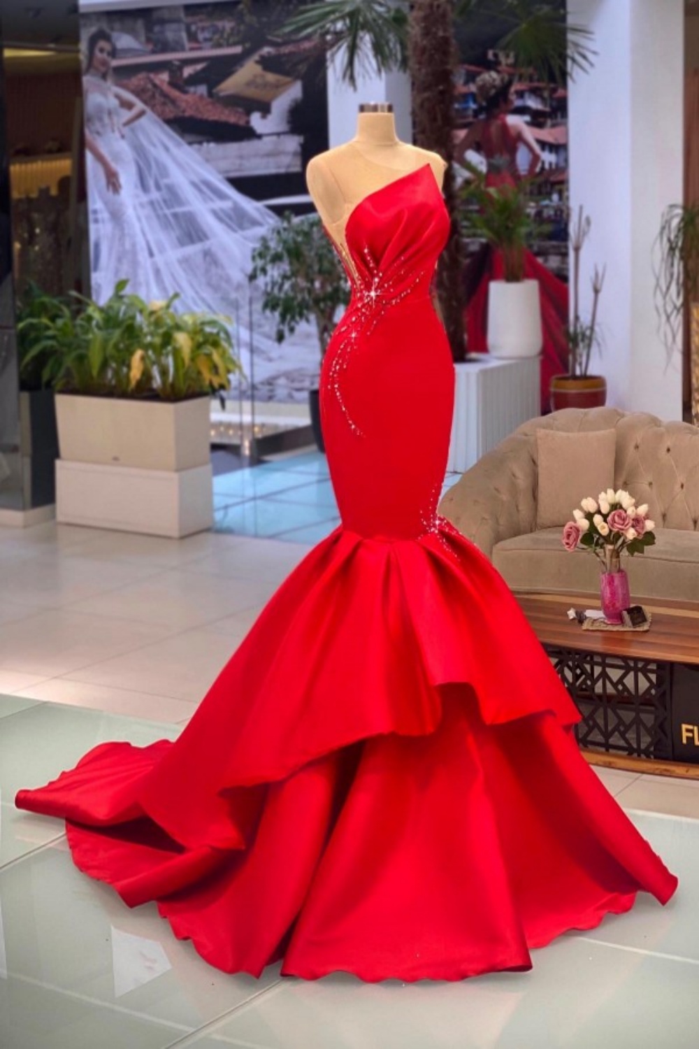 Red Ruched Satin Designer Evening Dress Strapless Long Prom Dress