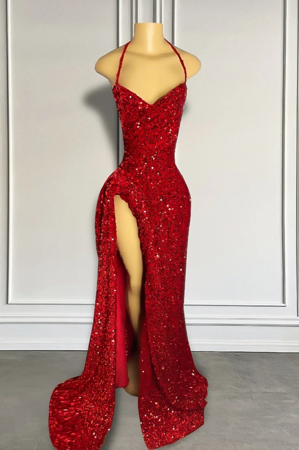 Sexy Sequined Sheath Red Prom Dress with Front Split