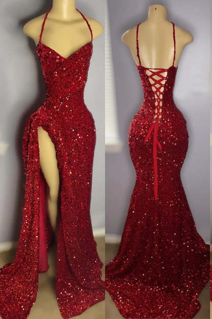 Sexy Sequined Sheath Red Prom Dress with Front Split