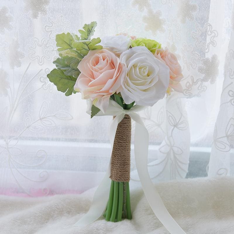 Romantic Artificial Rose with Ribbon Wedding Bouquet-Chicloth