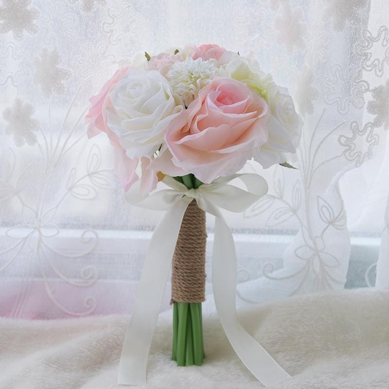 Romantic Artificial Rose with Ribbon Wedding Bouquet-Chicloth