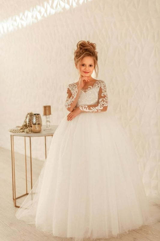 White Tulle Lace Flower Girl Dresses-Chicloth