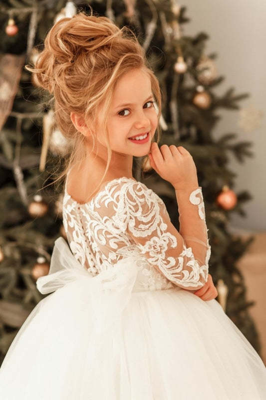 Romantic Long Sleeves White Tulle Lace Appliques Wedding Party Dress for Girls - Flower Girl Dresses