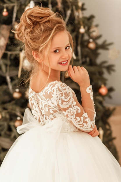 Romantic Long Sleeves White Tulle Lace Appliques Wedding Party Dress for Girls - Flower Girl Dresses
