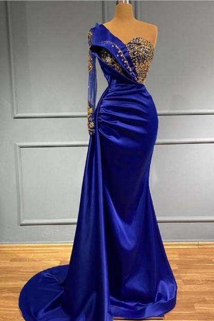 Royal Blue Floor-Length Evening Dress Satin Mermaid Prom Dresses with Sleeves