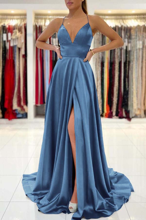 Chicloth Spaghetti-Straps V-Neck Sleeveless Prom Dress Slit Long