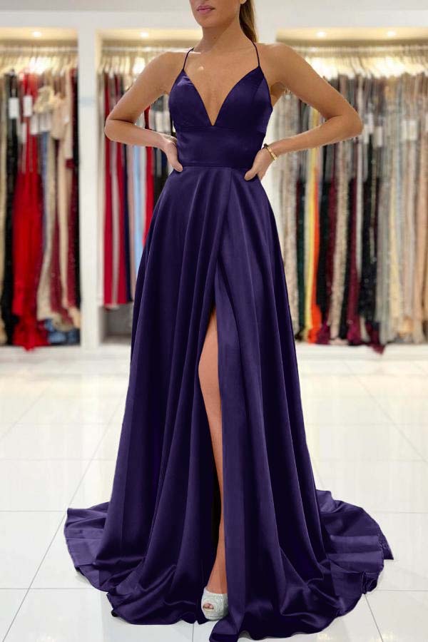 Chicloth Spaghetti-Straps V-Neck Sleeveless Prom Dress Slit Long