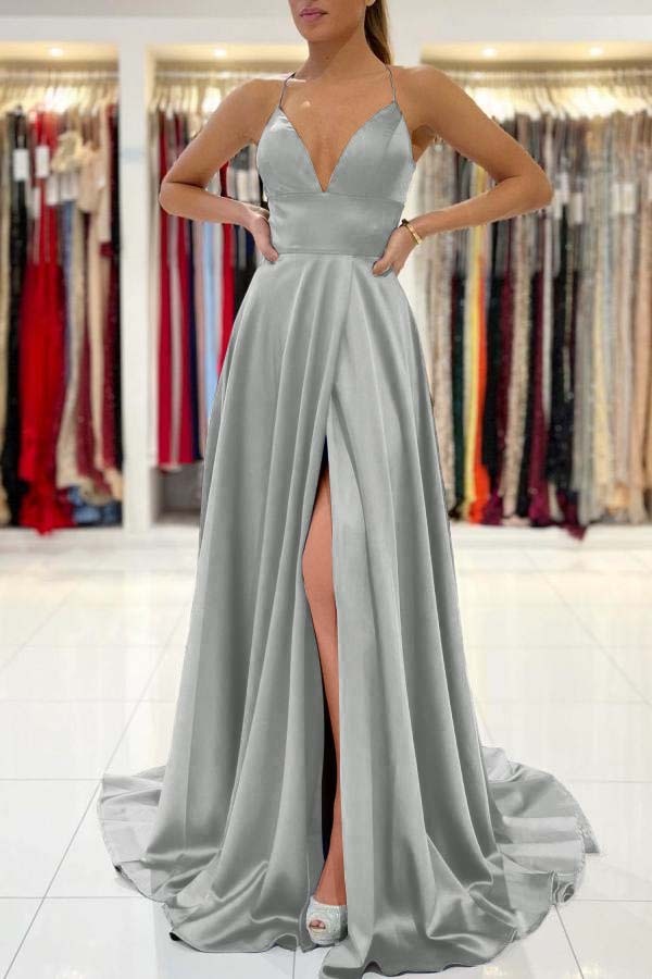 Chicloth Spaghetti-Straps V-Neck Sleeveless Prom Dress Slit Long