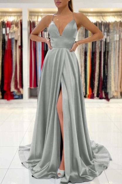 Chicloth Spaghetti-Straps V-Neck Sleeveless Prom Dress Slit Long