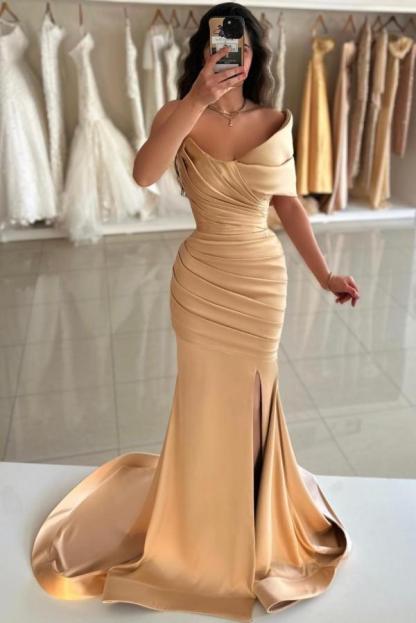 Off-the-Shoulder Ruched Satin Long Evening Dress Side Slit Prom Dress