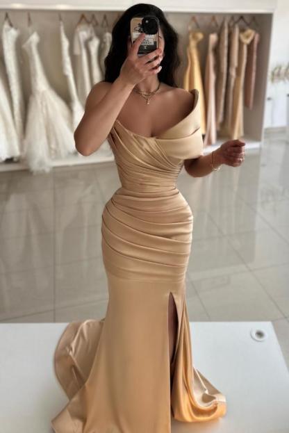 Off-the-Shoulder Ruched Satin Long Evening Dress Side Slit Prom Dress