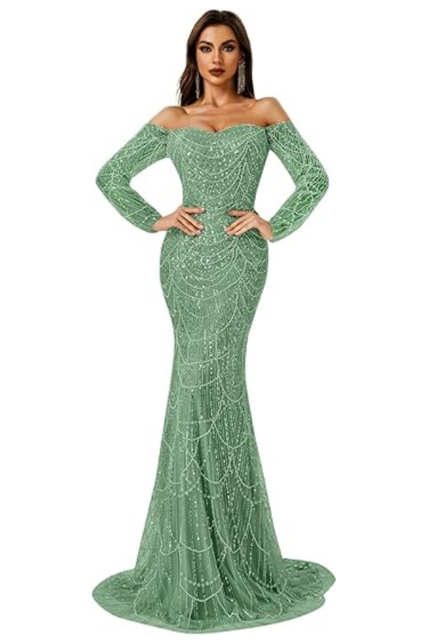 Charming Off Shoulder Long Sleeves Mermaid Prom Dress with Beadings
