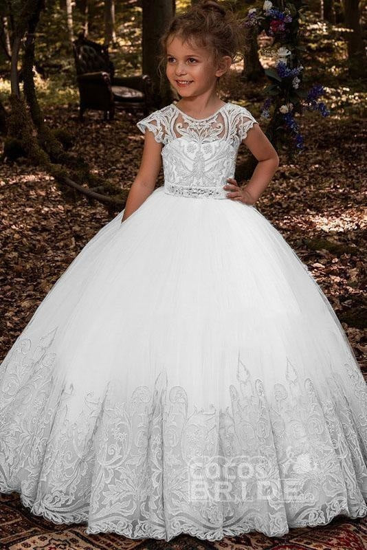 Scoop Neck Short Sleeves Ball Gown Flower Girls Dress - White / 2Y-3Y - Flower Girl Dresses