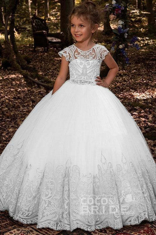Scoop Neck Short Sleeves Ball Gown Flower Girls Dress - White / 2Y-3Y - Flower Girl Dresses