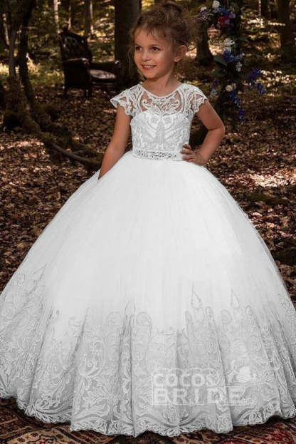 Scoop Neck Short Sleeves Ball Gown Flower Girls Dress - White / 2Y-3Y - Flower Girl Dresses