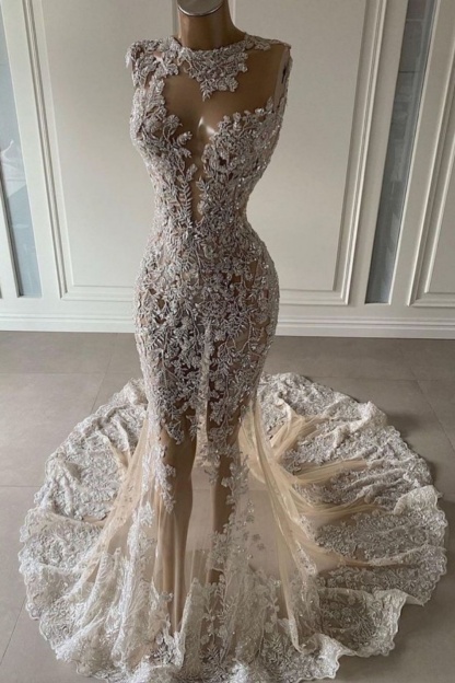 Sequined Floral Lace Beaded Wedding Dress