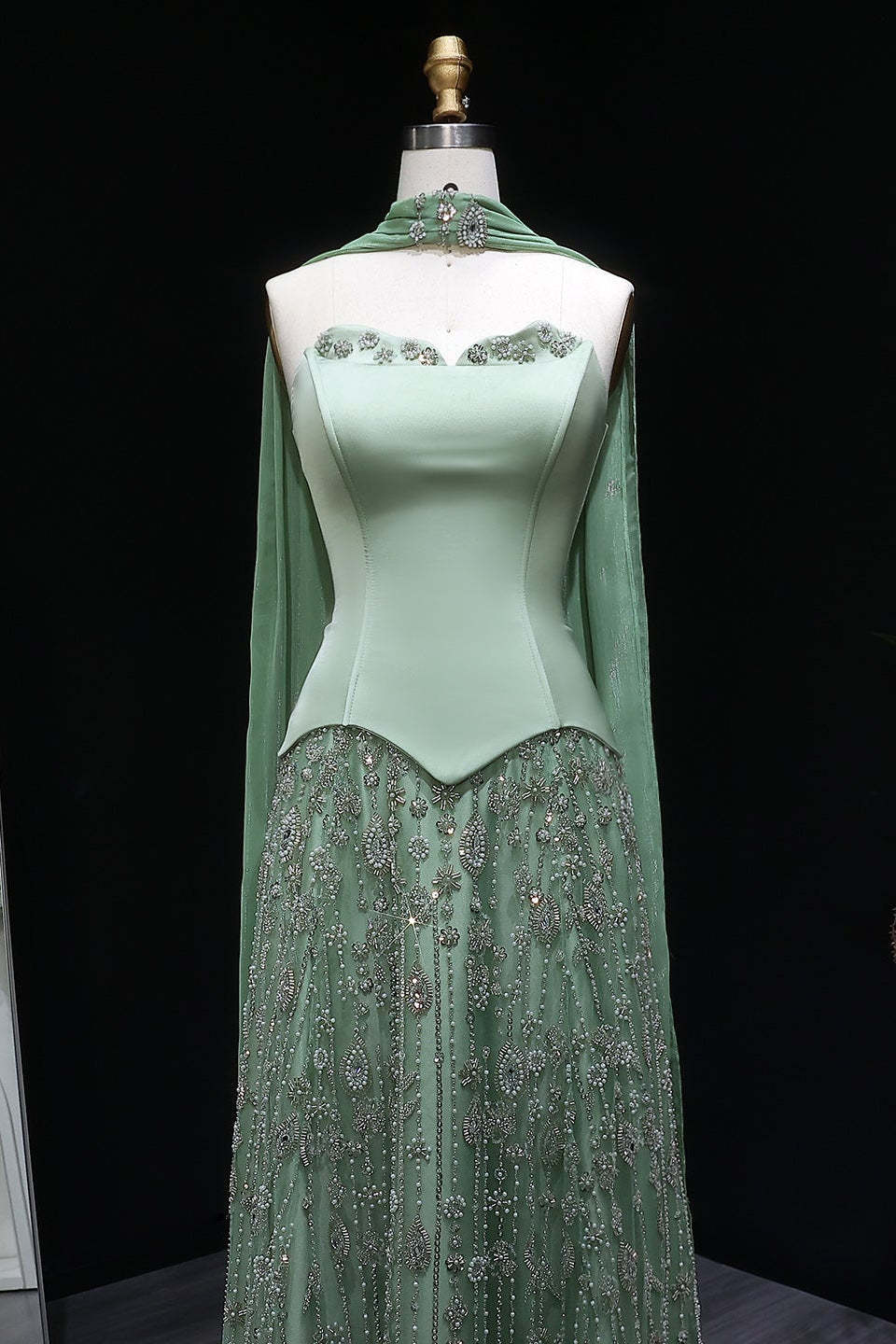 Dusty Sage Strapless Satin Floor-Length A-Line Prom Dress with Beasings