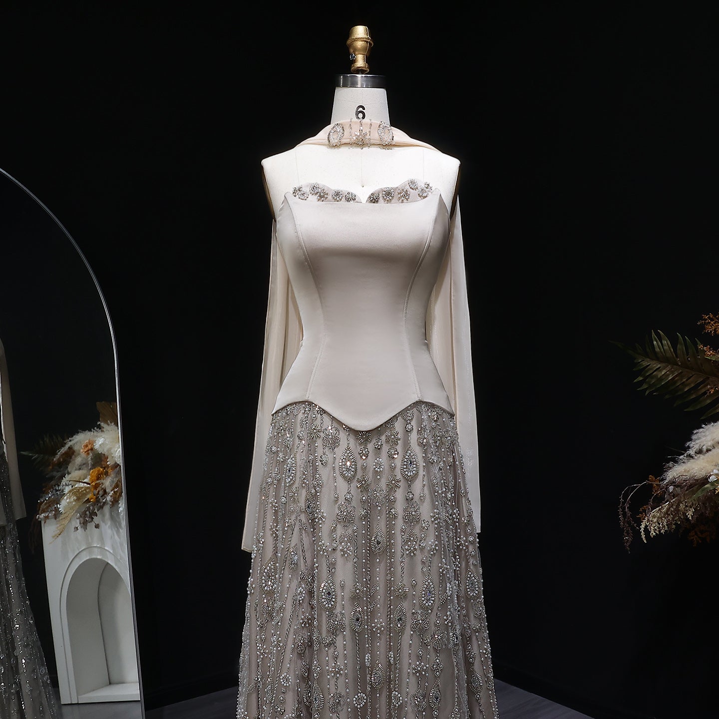 Strapless Satin Floor-Length A-Line Prom Dress with Beasings